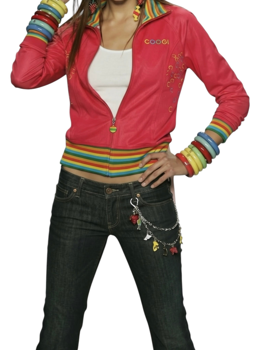 Vintage Coogi Y2K Full Zip Track Sweater Rainbow Trim Maximalism Vibrant Red