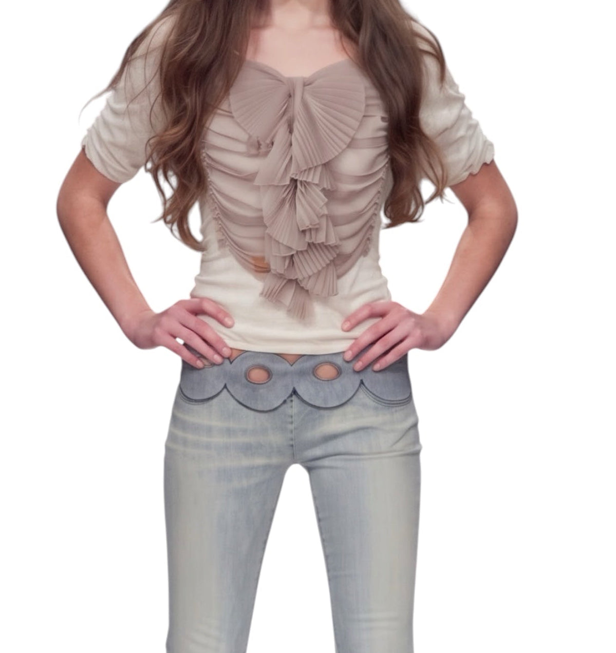 Anthropologie Deletta Ivory Top with Lilac Pleated Ruffle Front - Size M