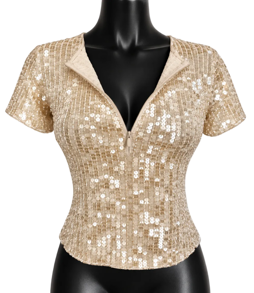 Mondi Vintage 1990s Sequin Beaded Cropped Top with Gold Zip Neck - Size S