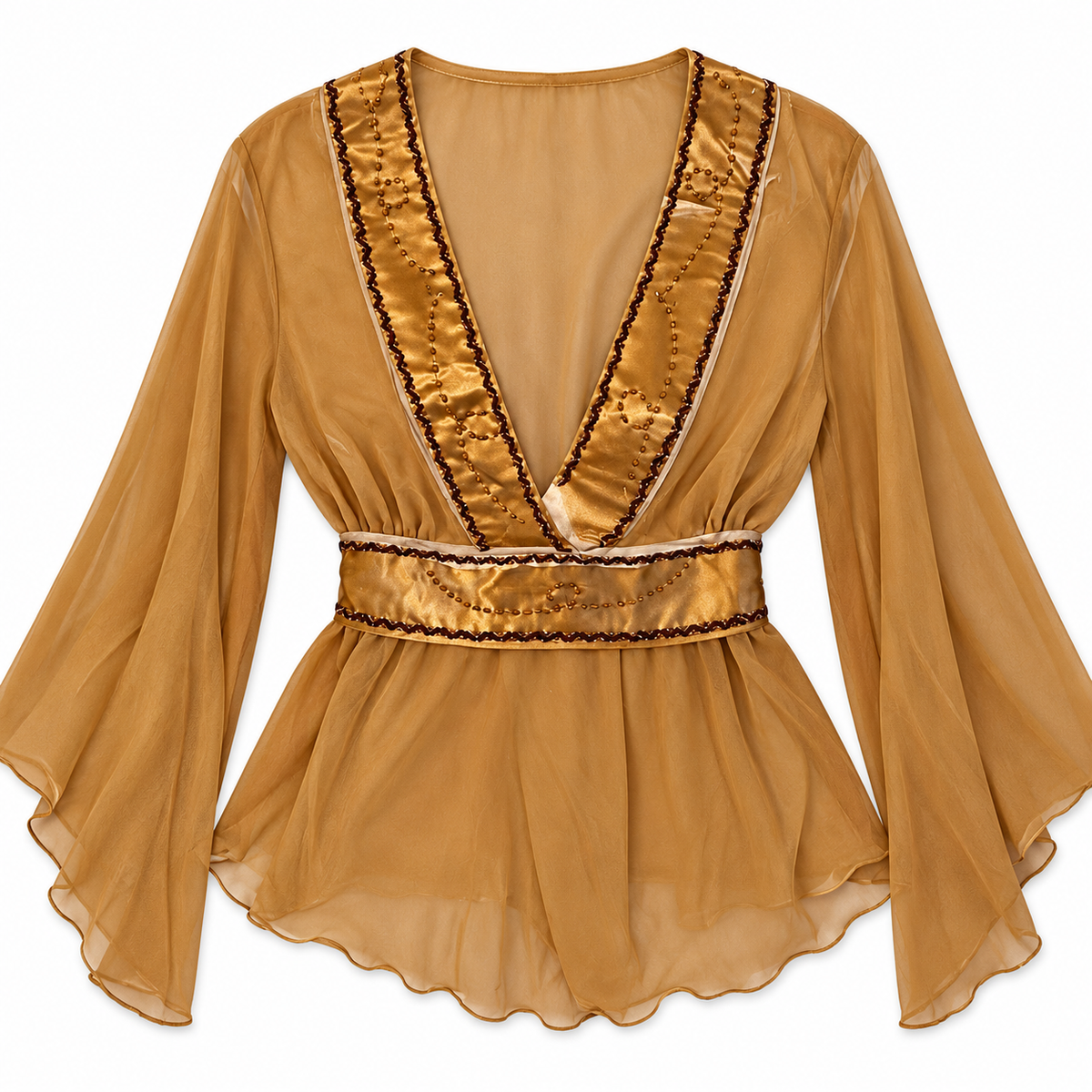 Gold Satin Wrap Blouse with Tie Waist - Size L
