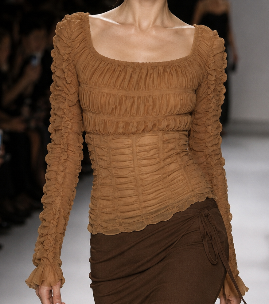 Luxx Sheer Ruched Net Top - Tan, Size S/M