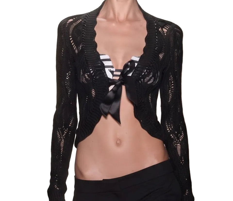 Le Chat Paris Black Open Knit Cardigan with Satin Bow - Size XS