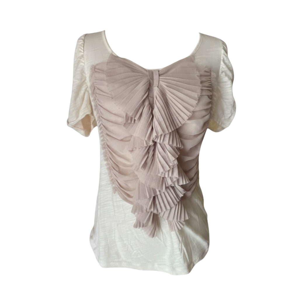 Anthropologie Deletta Ivory Top with Lilac Pleated Ruffle Front - Size M