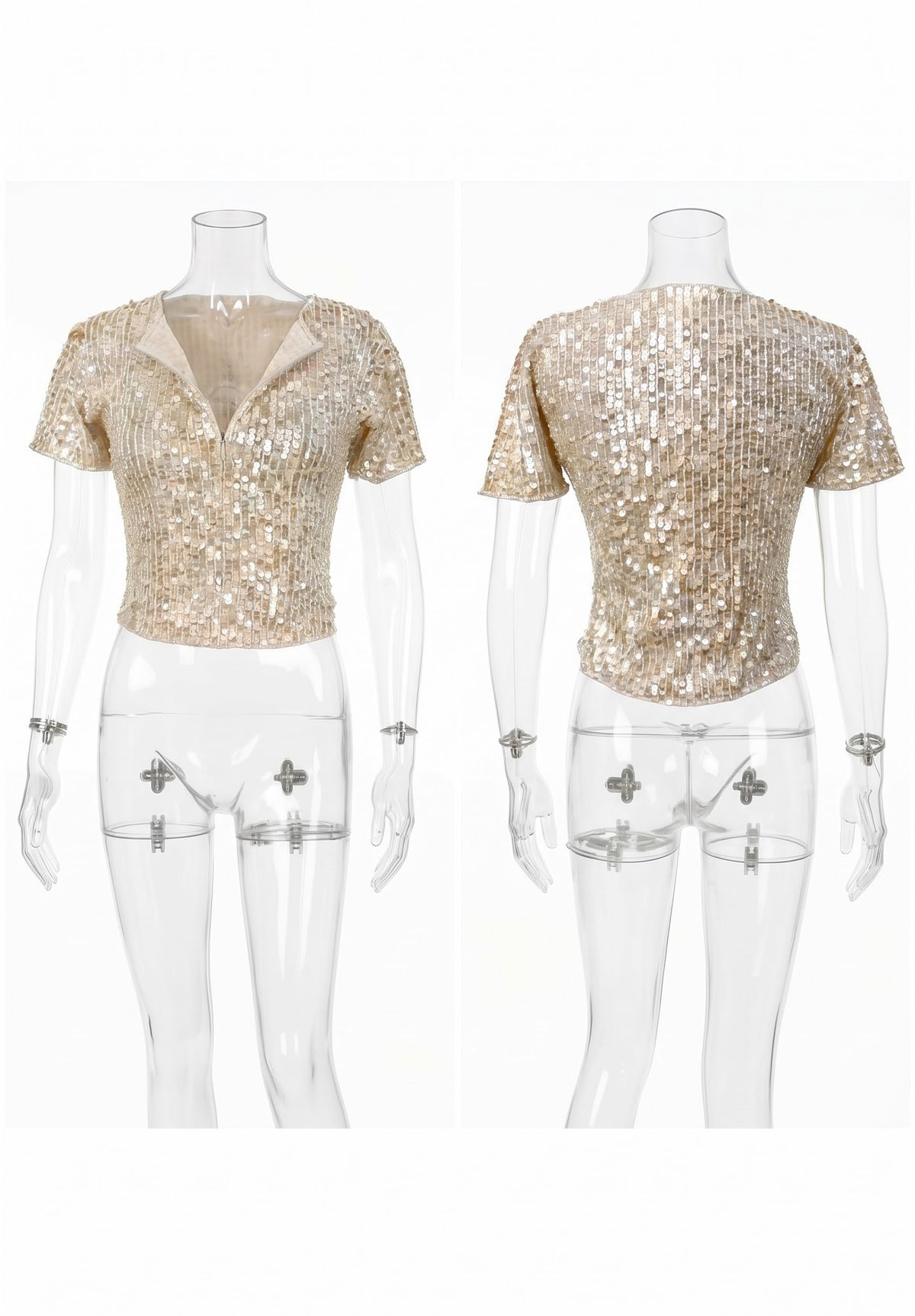 Mondi Vintage 1990s Sequin Beaded Cropped Top with Gold Zip Neck - Size S