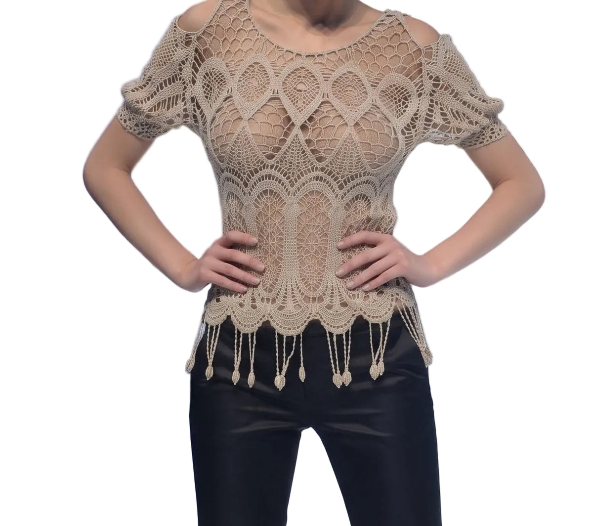 Irvana Cream Crochet Lace Cold-Shoulder Crop Top - Size S