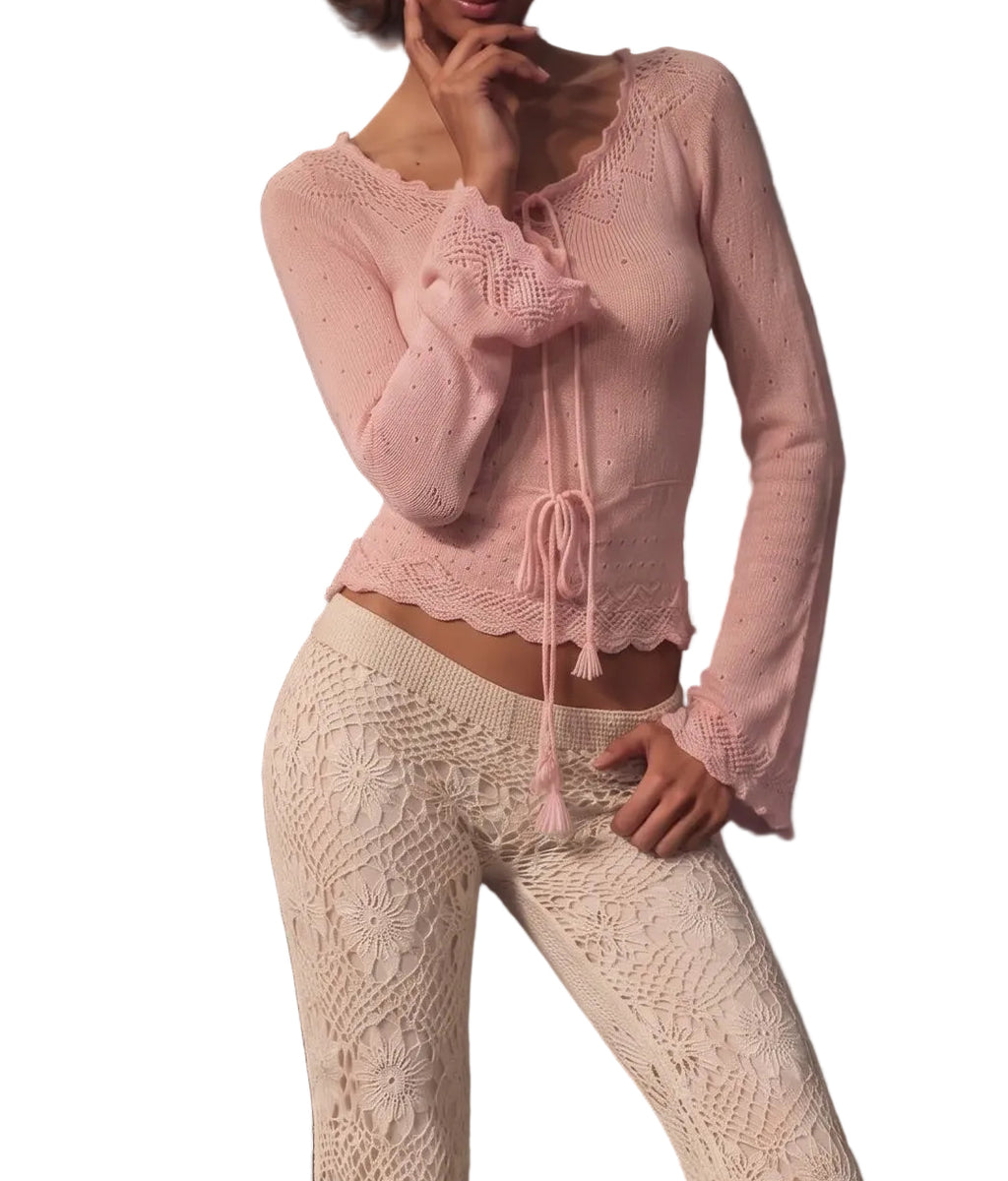 Vintage Pink Knit Sweater with Tie Front & Tassels - Size S