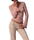 Vintage Pink Knit Sweater with Tie Front & Tassels - Size S