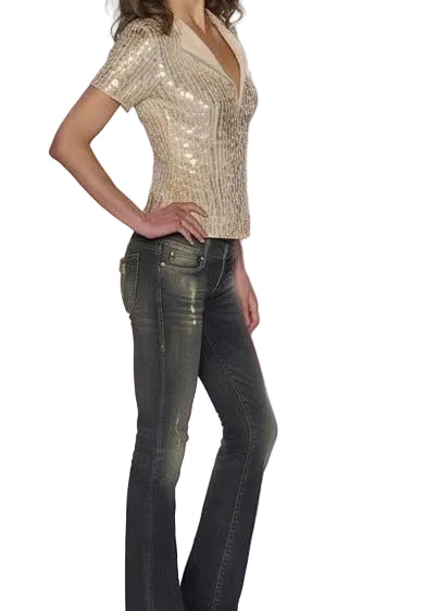 Mondi Vintage 1990s Sequin Beaded Cropped Top with Gold Zip Neck - Size S