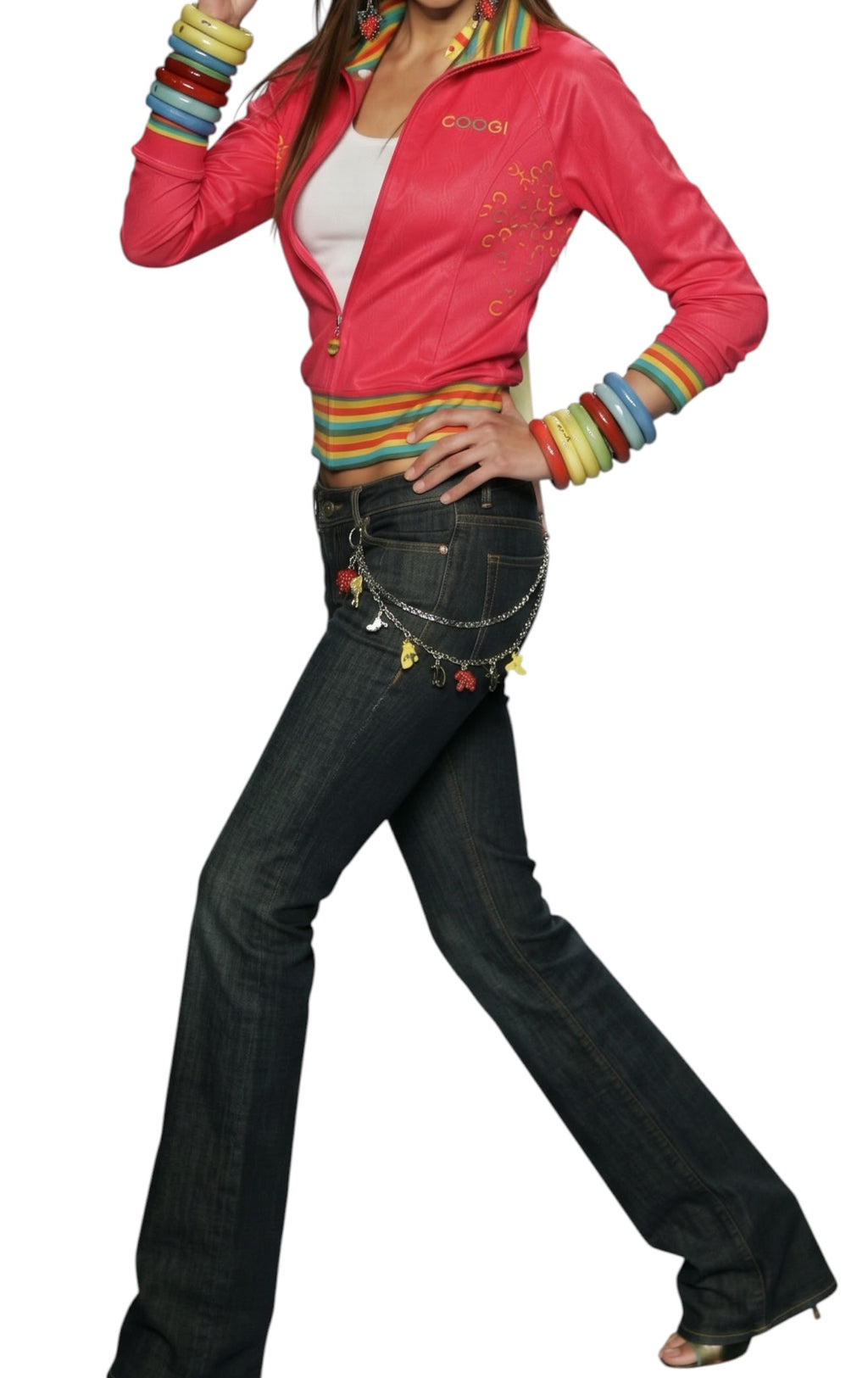 Vintage Coogi Y2K Full Zip Track Sweater Rainbow Trim Maximalism Vibrant Red