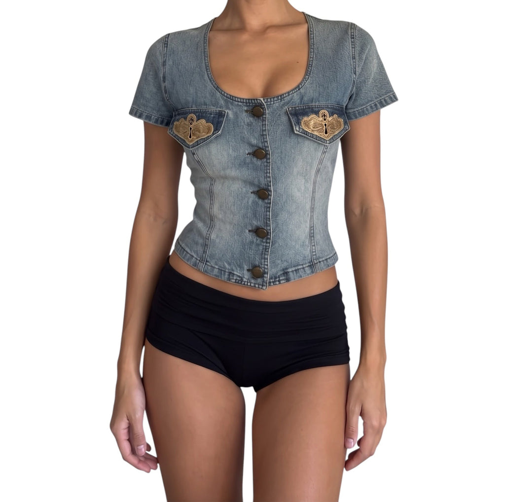 Vintage Gattinoni Fortune Italy Embroidered Denim Top - IT 42 (US 6/M)
