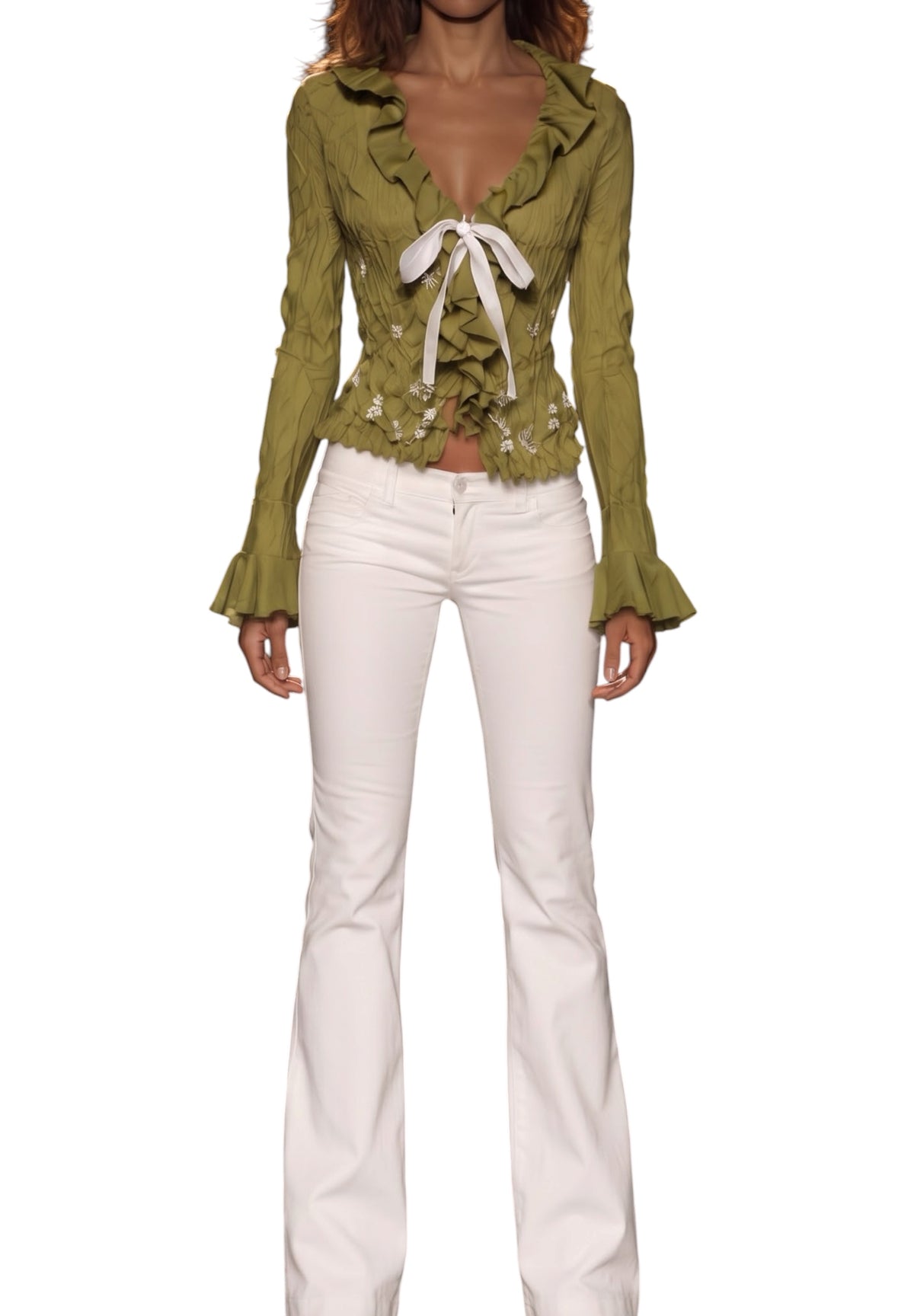 Kaelyn-Max Green Floral Embroidered Blouse - Vintage Y2K, New with Tags, Size S