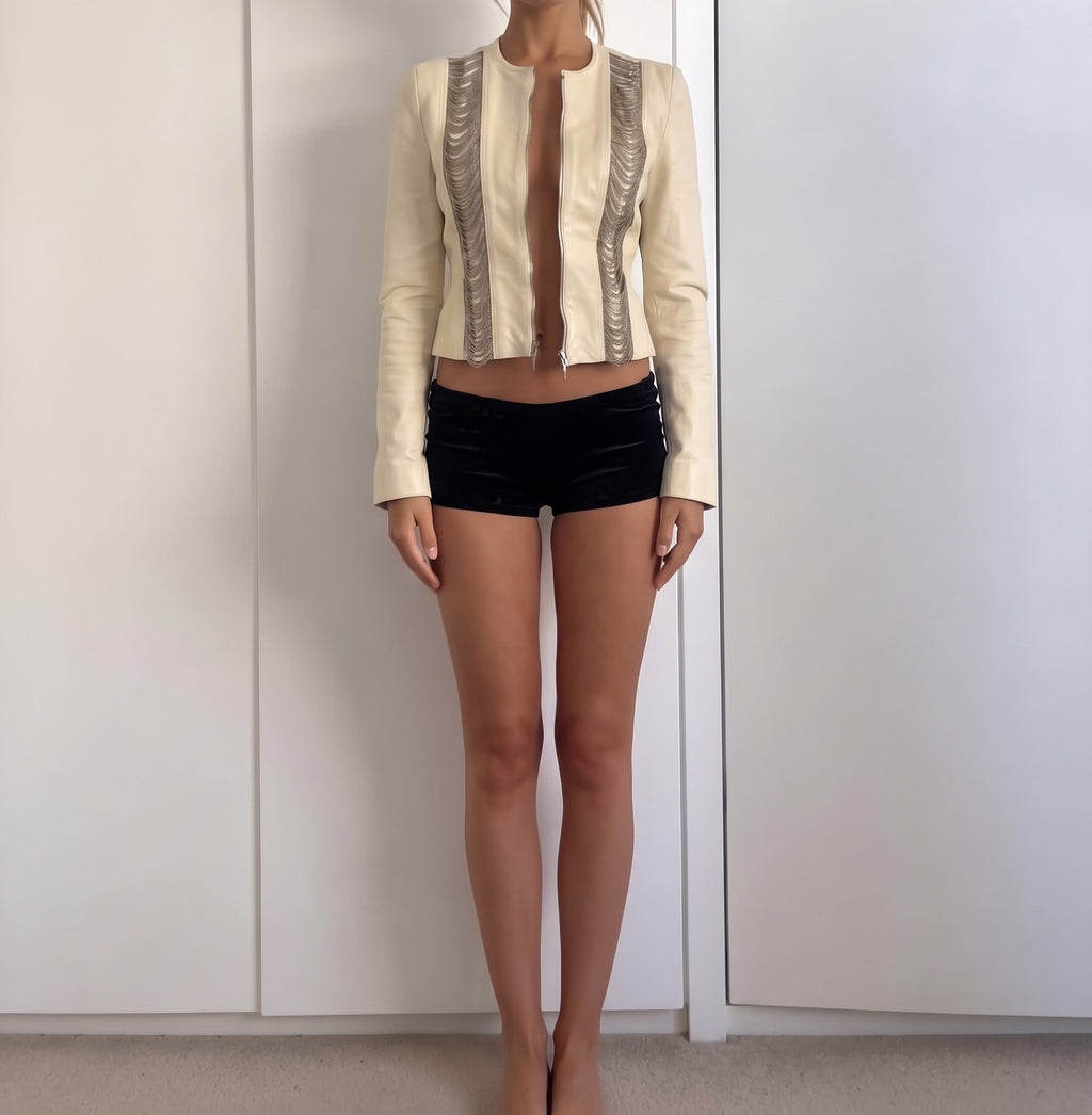 Plein Sud Cream Leather Jacket with Chain Detail - Size 12