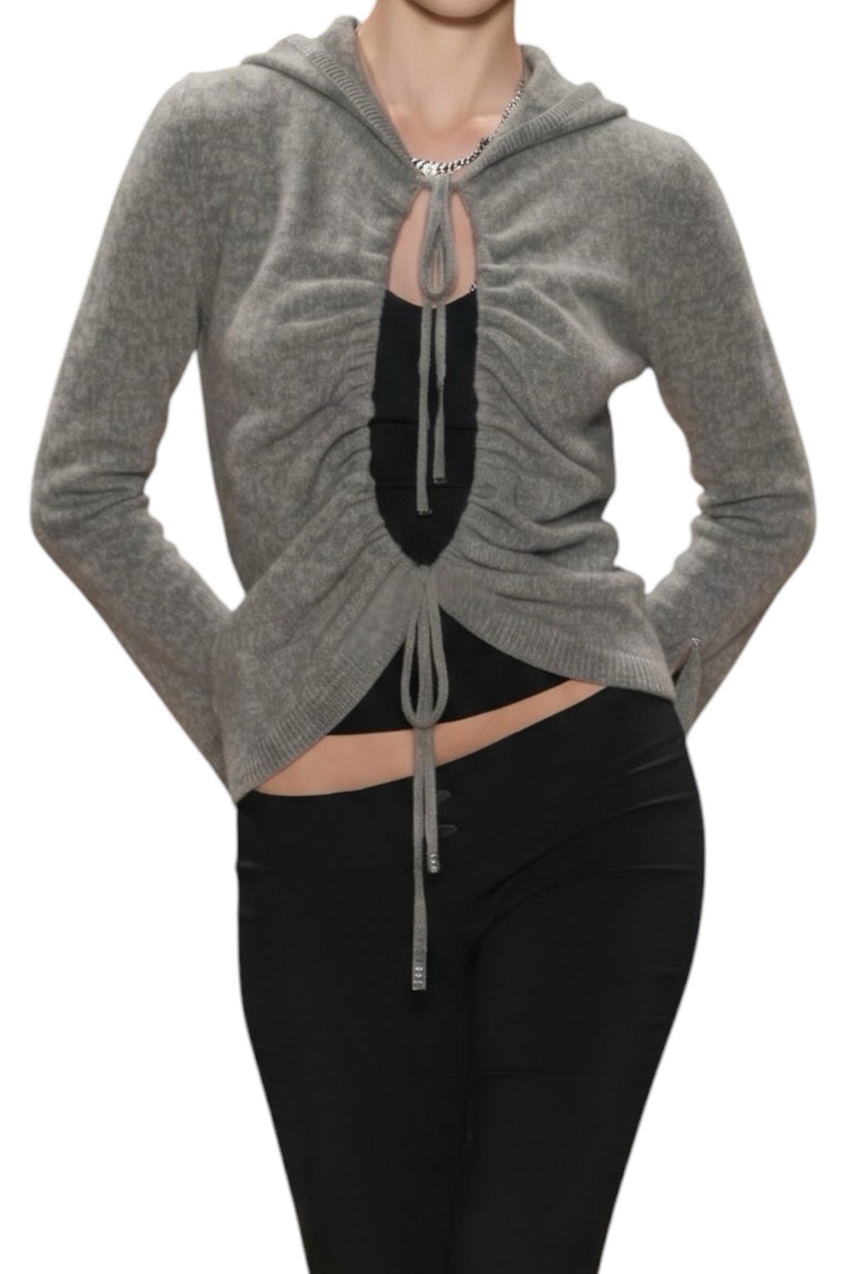 Thomas Wylde 100% Cashmere Hooded Sweater with Rhinestone Logo - Gray, Size S