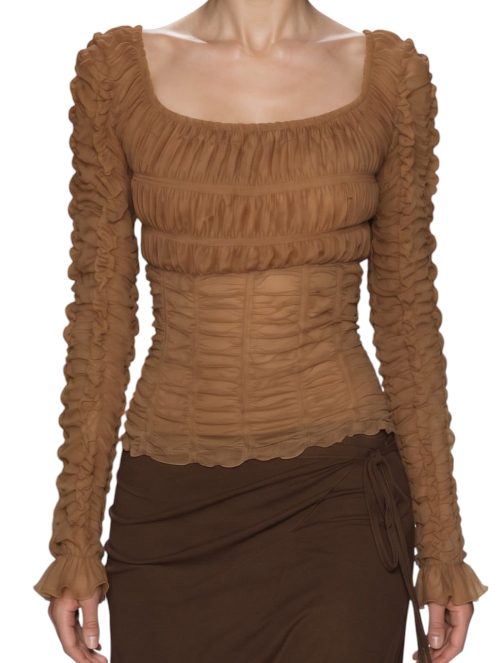 Luxx Sheer Ruched Net Top - Tan, Size S/M