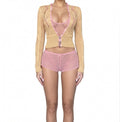 Anthropologie Laurie B Cropped Sweater with Rhinestone Clasps - Tan/Pink, Size M