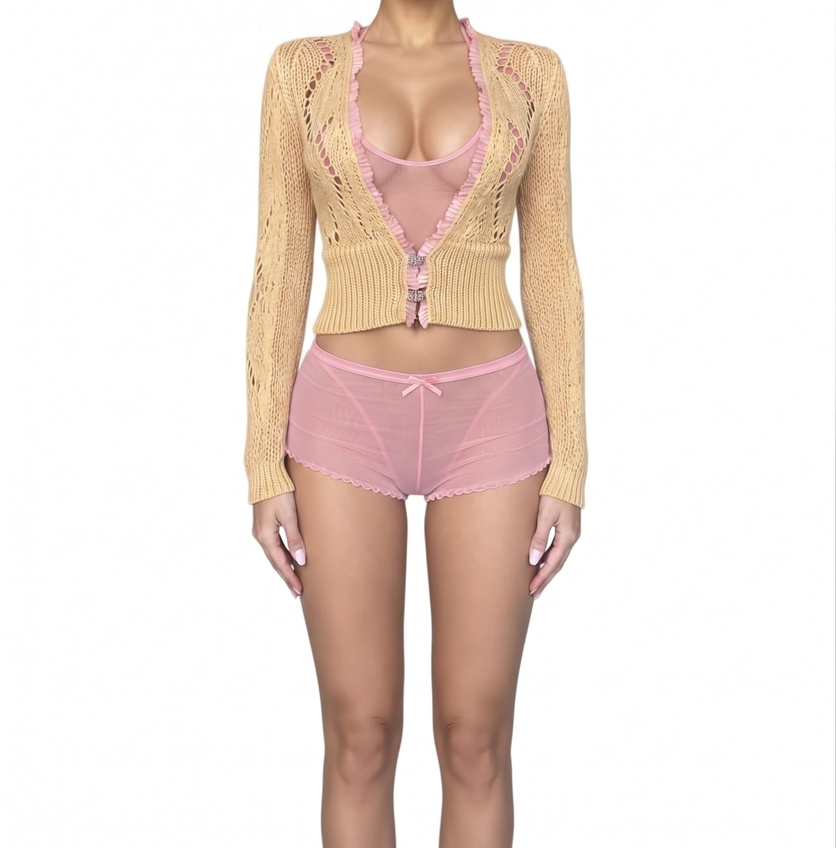 Anthropologie Laurie B Cropped Sweater with Rhinestone Clasps - Tan/Pink, Size M