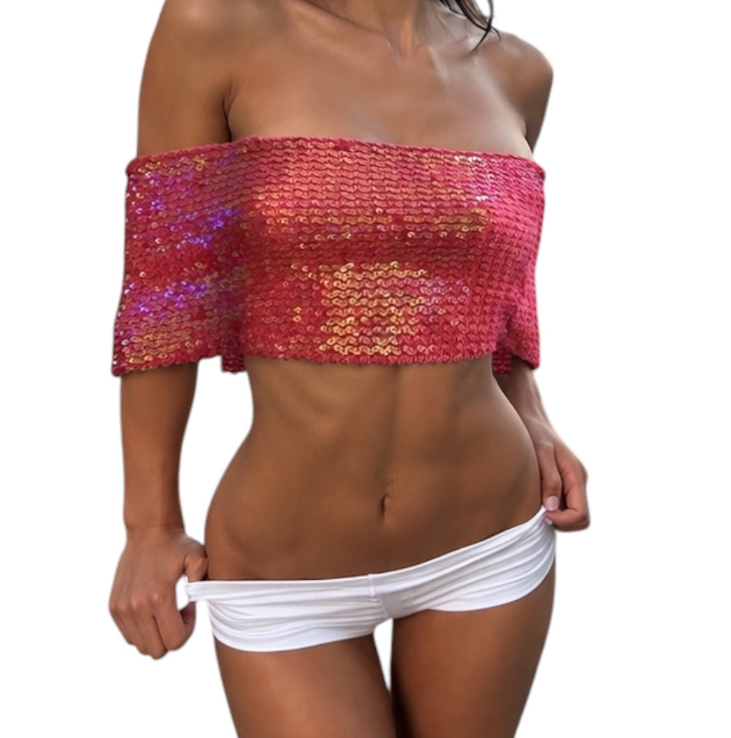 Pink Sequin Off-Shoulder Crop Top - Size L