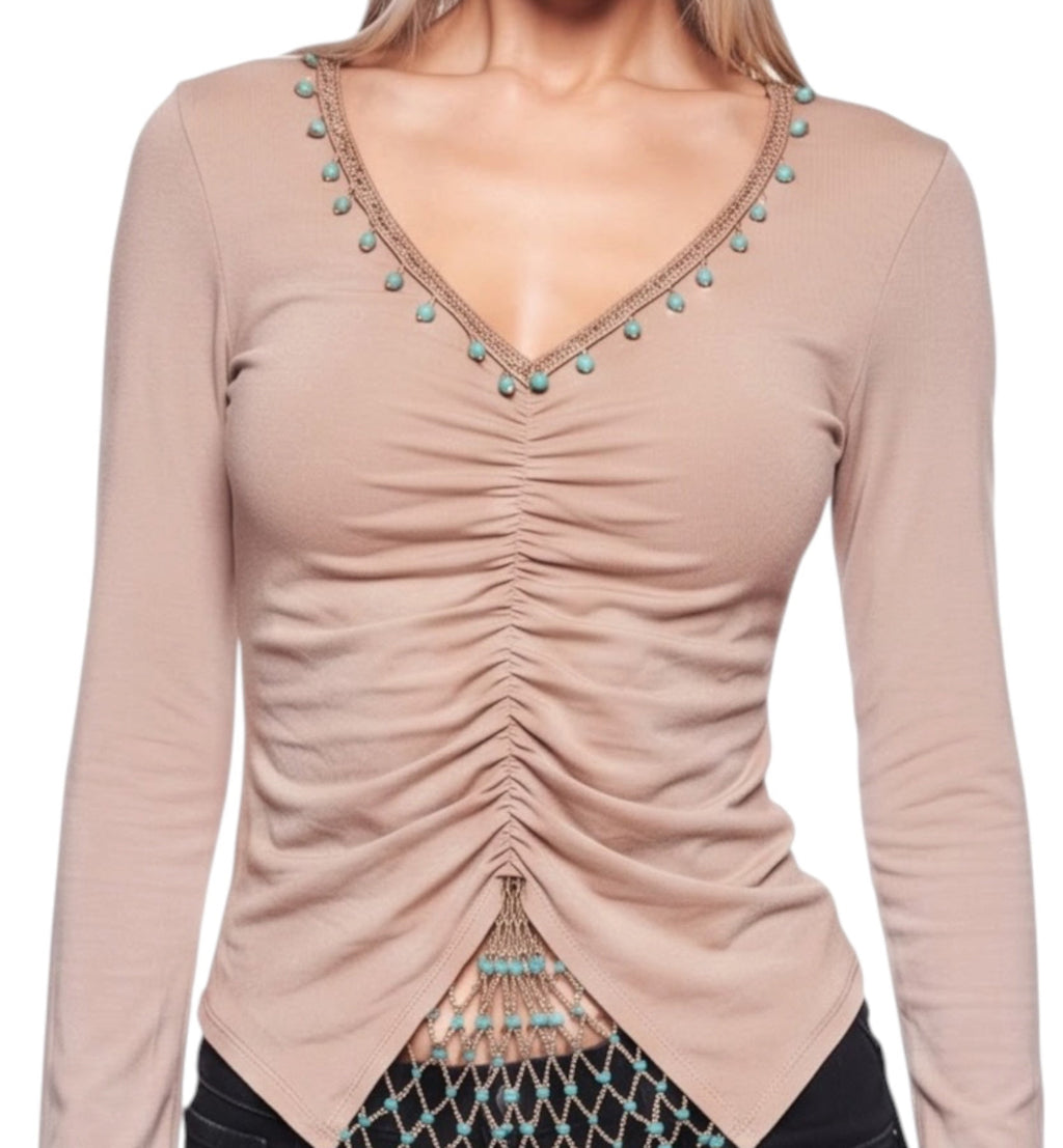 Sans Souci 90s Y2K Ruched Tan Top with Turquoise Beaded Flare Sleeves - Size S