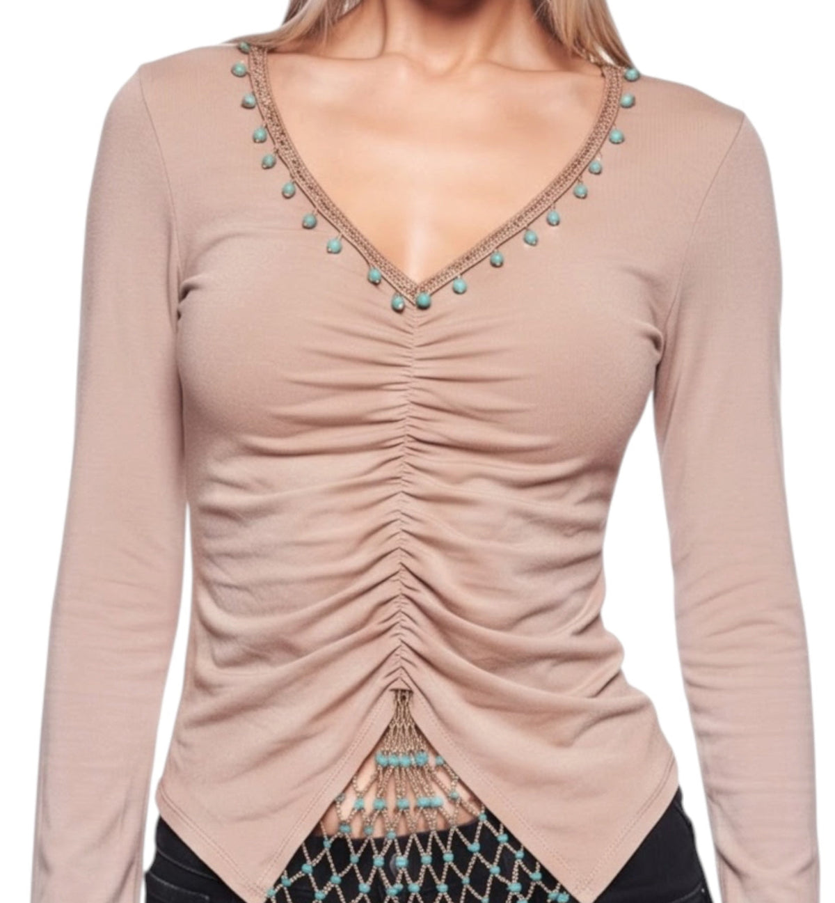 Sans Souci 90s Y2K Ruched Tan Top with Turquoise Beaded Flare Sleeves - Size S