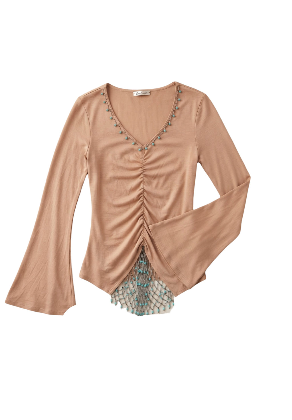 Sans Souci 90s Y2K Ruched Tan Top with Turquoise Beaded Flare Sleeves - Size S