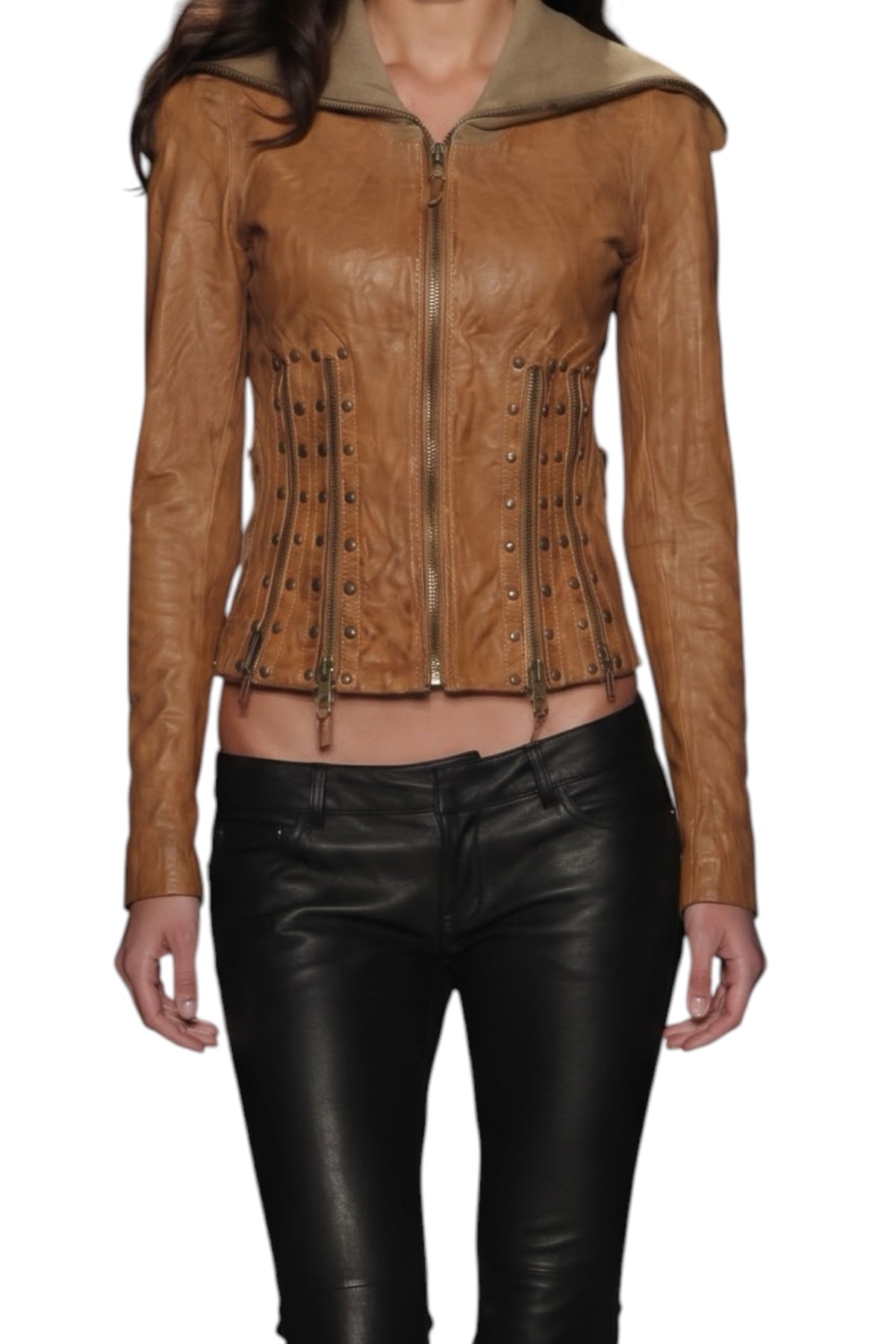 Benbdetta Novis Italian Distressed Leather Biker Jacket - Mustard, Petite S