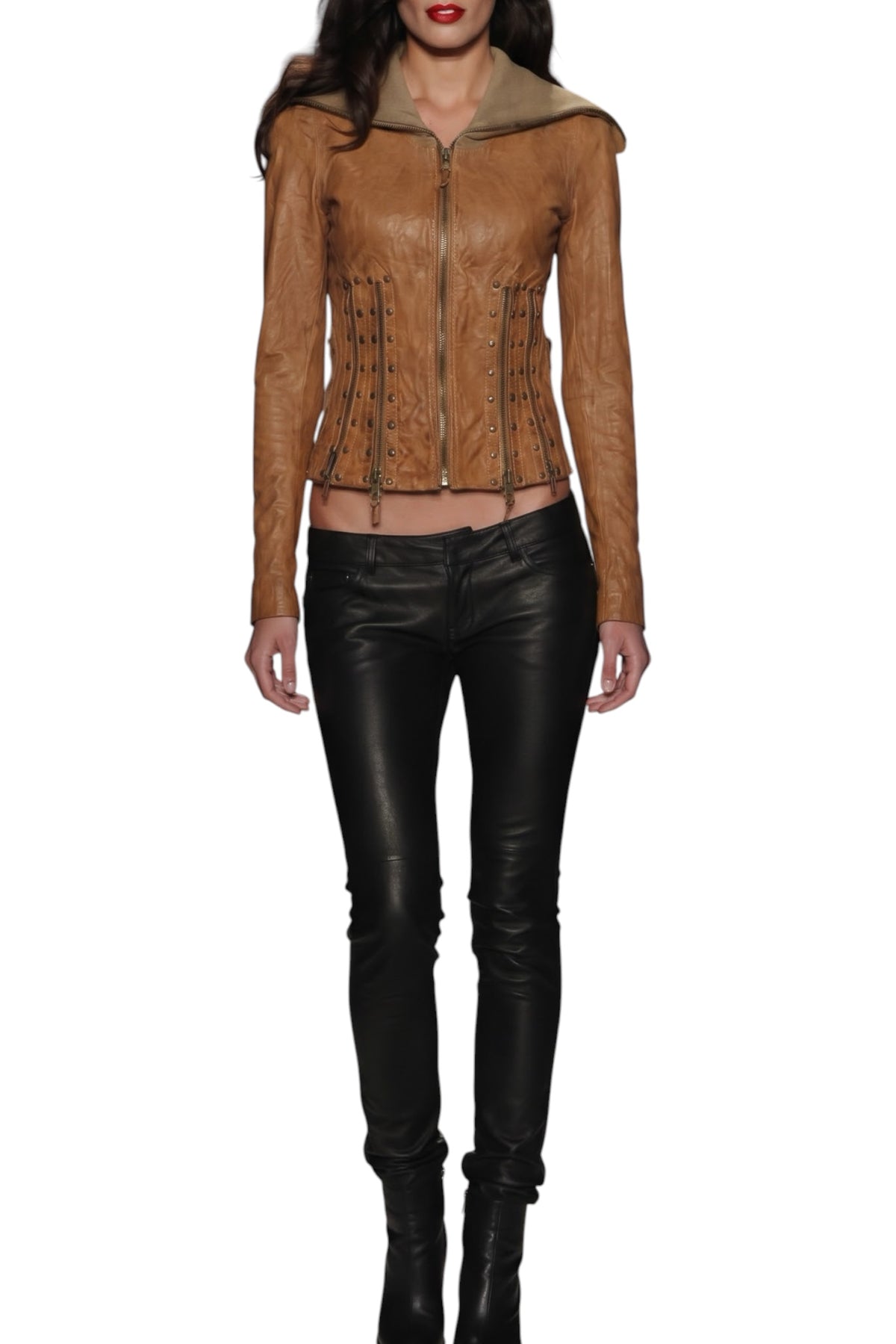 Benbdetta Novis Italian Distressed Leather Biker Jacket - Mustard, Petite S