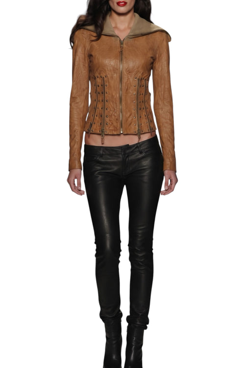 Benbdetta Novis Italian Distressed Leather Biker Jacket - Mustard, Petite S