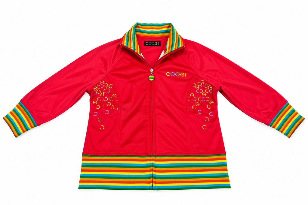 Vintage Coogi Y2K Full Zip Track Sweater Rainbow Trim Maximalism Vibrant Red