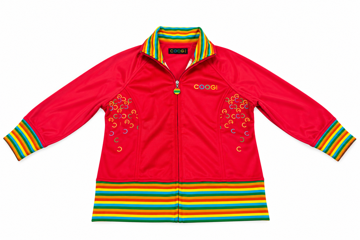 Vintage Coogi Y2K Full Zip Track Sweater Rainbow Trim Maximalism Vibrant Red