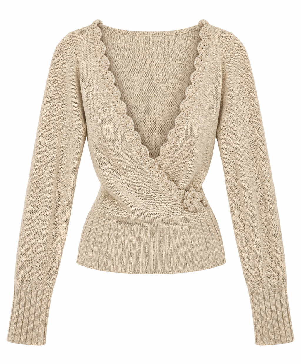 Fantasy Beige Knit Deep V Cross Front Sweater with Scalloped Hem - Size M