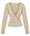 Fantasy Beige Knit Deep V Cross Front Sweater with Scalloped Hem - Size M