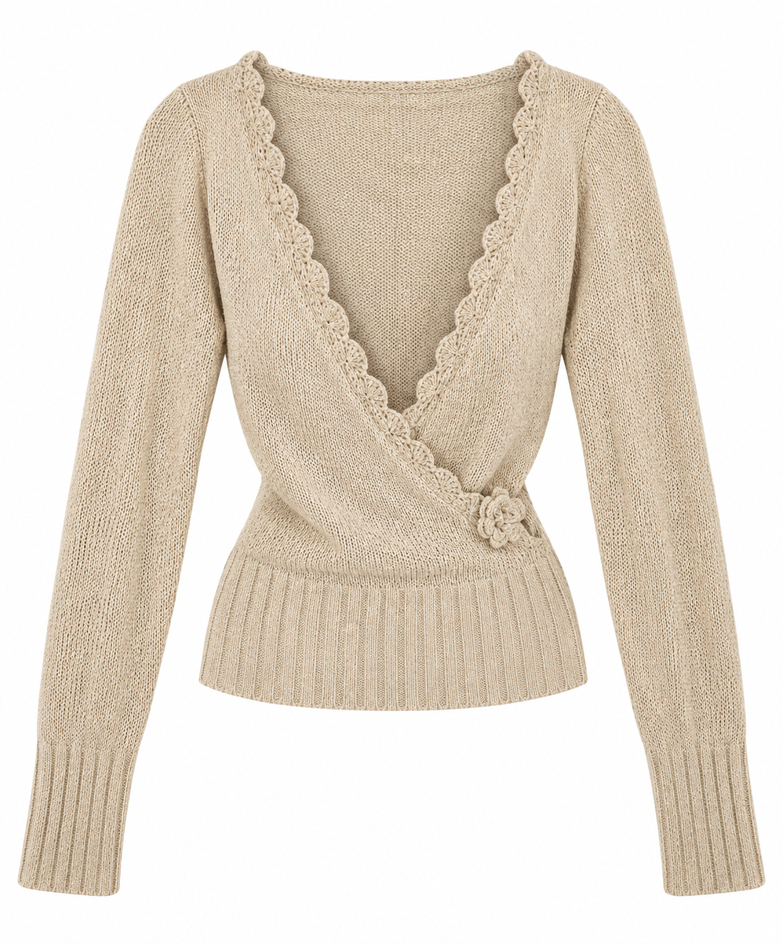 Fantasy Beige Knit Deep V Cross Front Sweater with Scalloped Hem - Size M