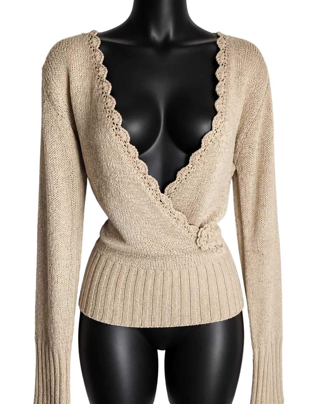 Fantasy Beige Knit Deep V Cross Front Sweater with Scalloped Hem - Size M