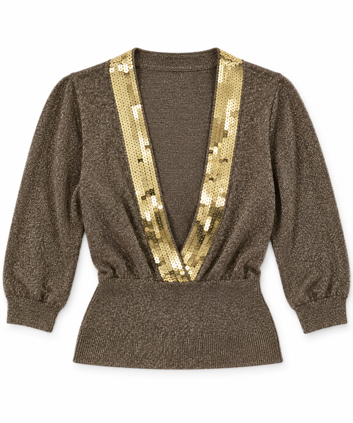 Sexyvt Vintage Stretch Knit Rayon Top with Sequin Neckline - Gold Metallic, Size M, New with Tags