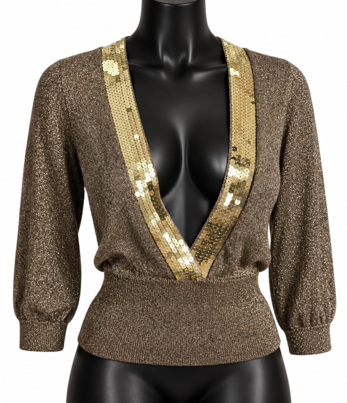 Sexyvt Vintage Stretch Knit Rayon Top with Sequin Neckline - Gold Metallic, Size M, New with Tags