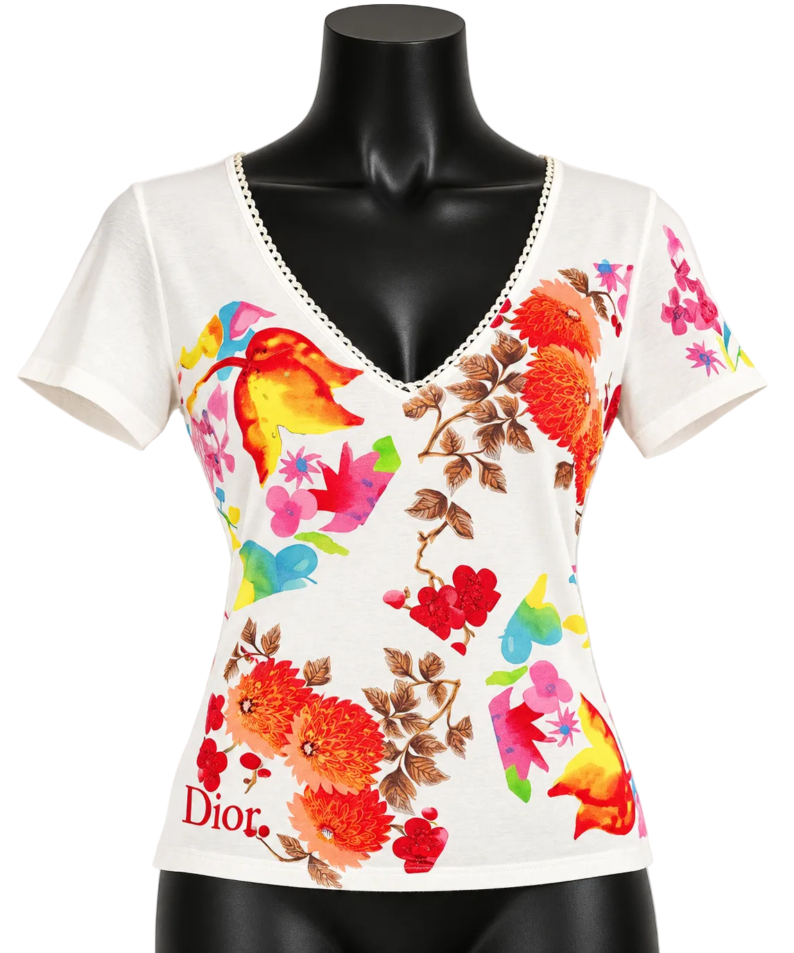 Christian Dior White Floral Print V-Neck Tee - Size M