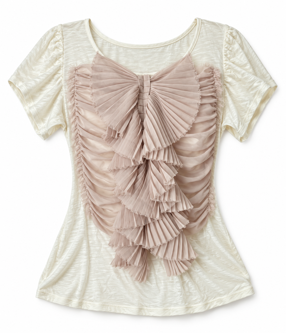 Anthropologie Deletta Ivory Top with Lilac Pleated Ruffle Front - Size M