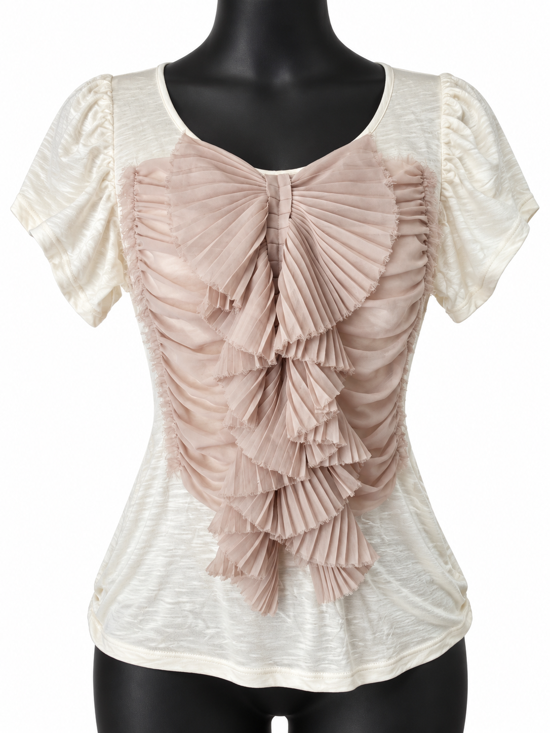 Anthropologie Deletta Ivory Top with Lilac Pleated Ruffle Front - Size M