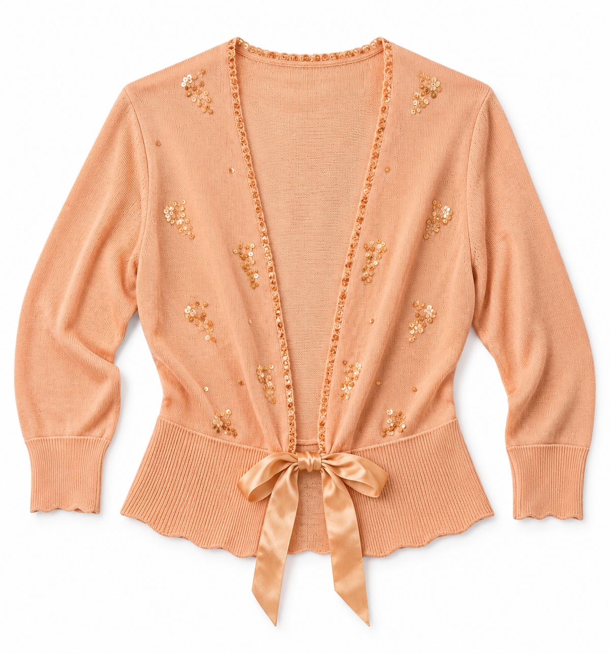 Apostrophe Peach Sequin Ribbon-Tie Open Front Knit Cardigan