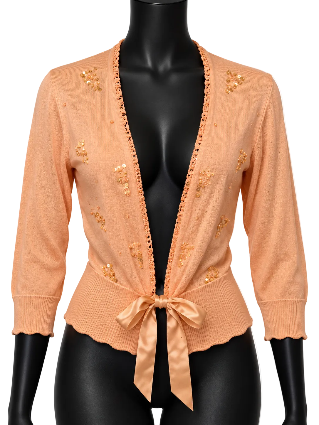 Apostrophe Peach Sequin Ribbon-Tie Open Front Knit Cardigan