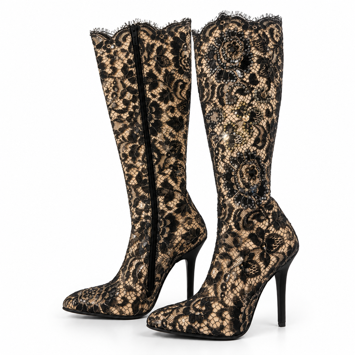 Black Lace Knee-High Heeled Boots - Size 6.5
