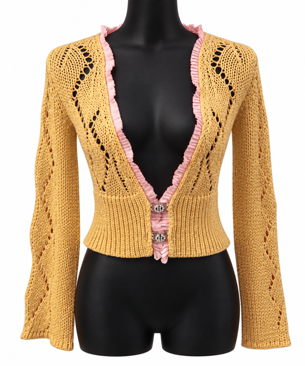Anthropologie Laurie B Cropped Sweater with Rhinestone Clasps - Tan/Pink, Size M