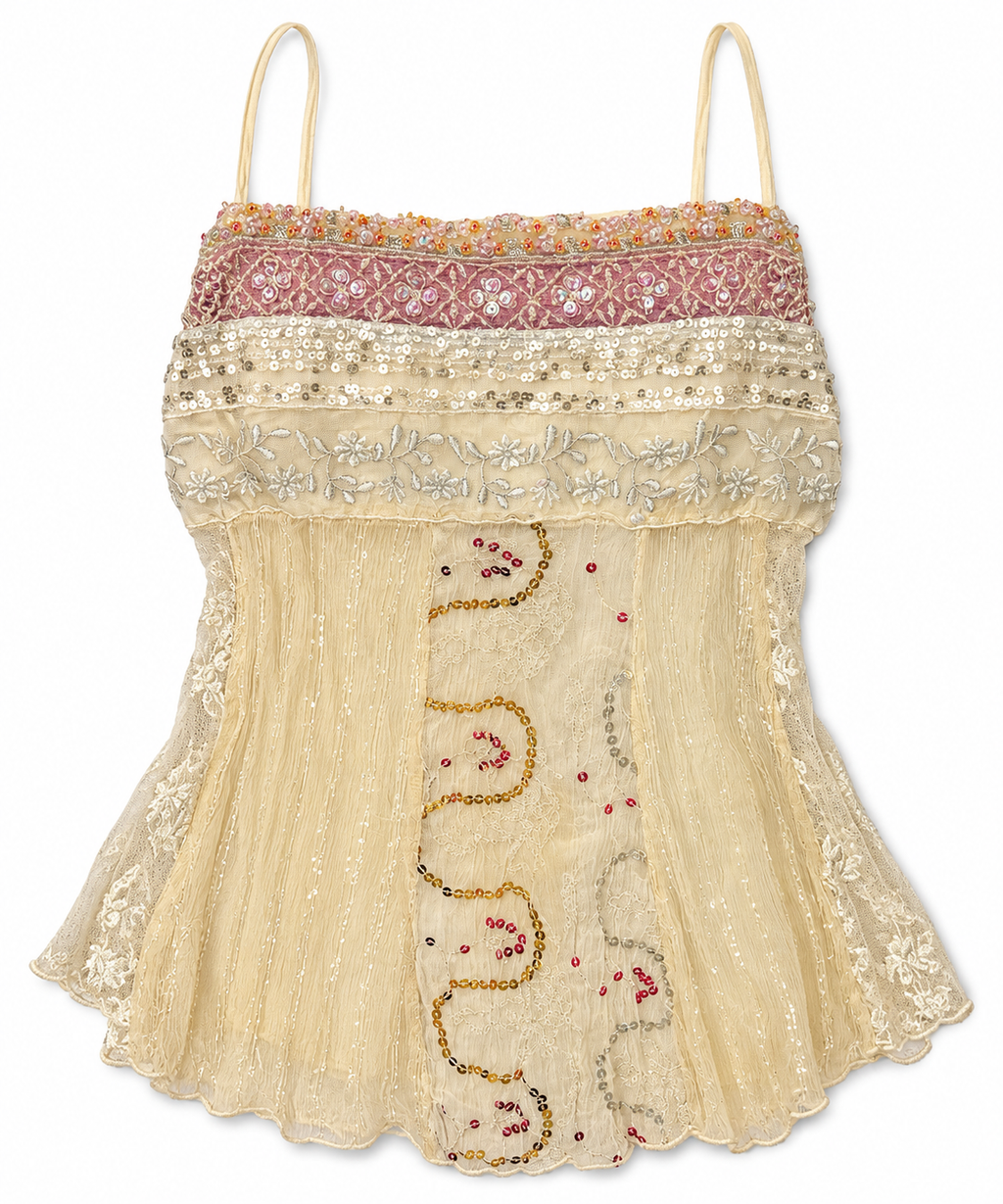 Hale Bob Beaded Silk Blend Mesh Overlay Top - Beige, Size M