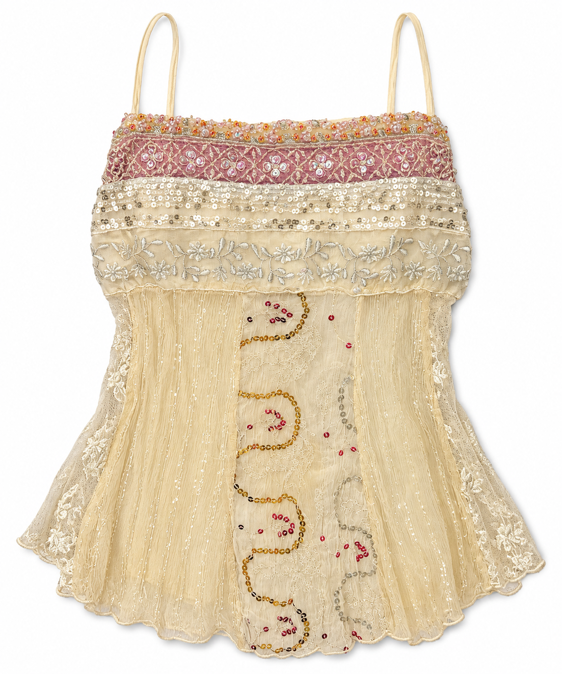 Hale Bob Beaded Silk Blend Mesh Overlay Top - Beige, Size M