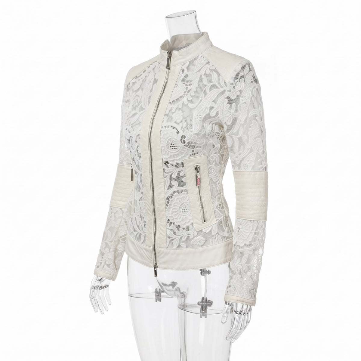 Italian Leather Lace Zip Cropped Jacket - Size 4-6