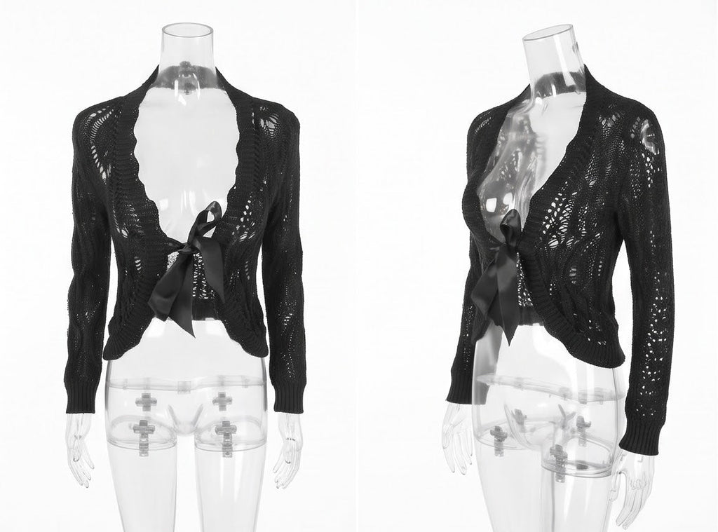 Le Chat Paris Black Open Knit Cardigan with Satin Bow - Size XS