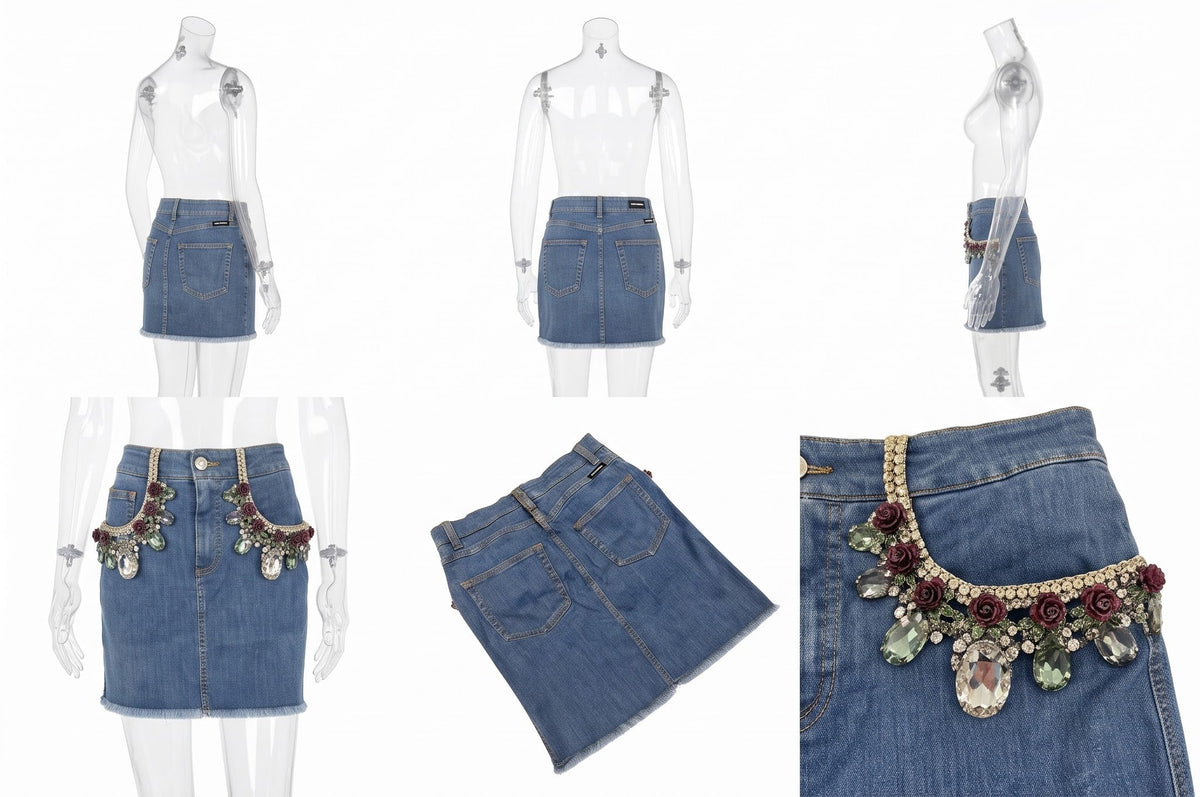Dolce & Gabbana Denim Skirt with Crystal Embroidery - Size 34