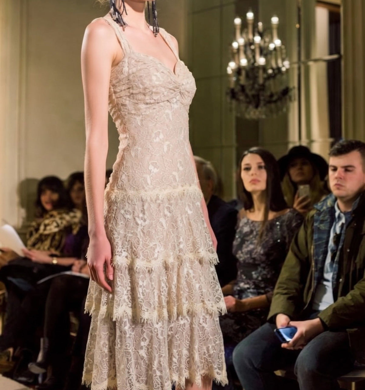 Tadashi Shoji Cream Floral Lace Tiered Midi Dress - Size 8