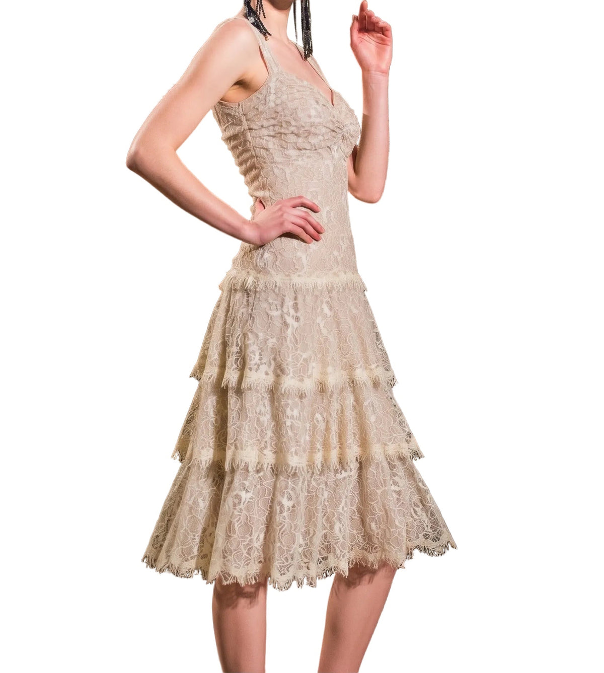 Tadashi Shoji Cream Floral Lace Tiered Midi Dress - Size 8