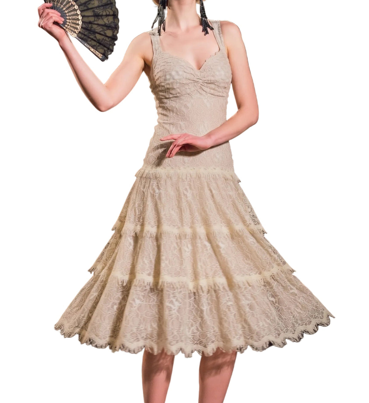 Tadashi Shoji Cream Floral Lace Tiered Midi Dress - Size 8